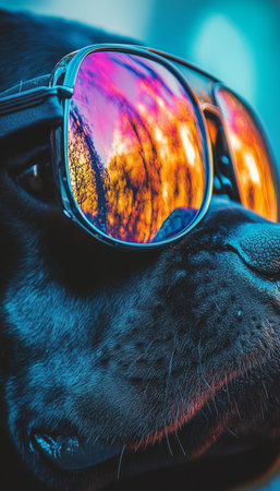 Canine Cool Close-Up of Dog in Mirrored Aviators, Vibrant Background Reflected in Lensesの素材