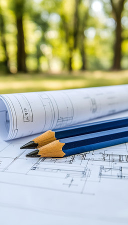Architectural Blueprints On Green Nature Background, Concept For Building And Gardeningの素材