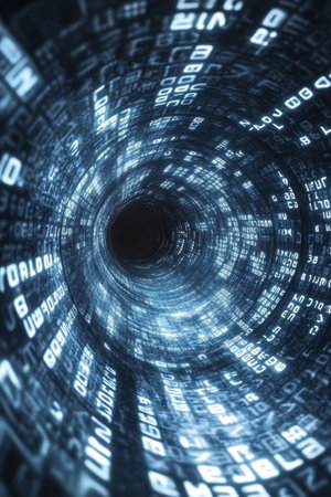 Abstract Information Technology Tunnel, Swirling Binary Code in Gradient Light Blues and Whitesの素材