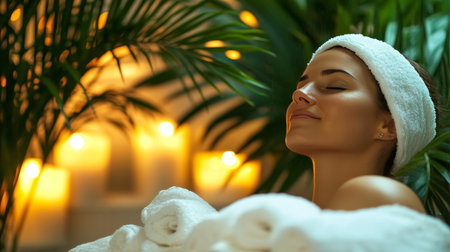 Serene Woman Enjoying Spa Facial Treatment, Surrounded by Tropical Greenery and Candlelightの素材