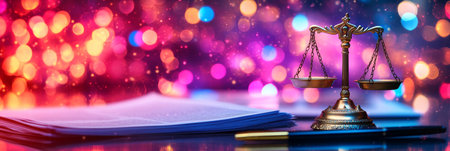 Scales of Justice, Law Books, and Sparkling Bokeh Lights A Symbol of Legal Expertise and Justiceの素材