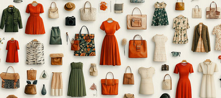 Fashionable Icons Clothes, Handbags, Accessories on White Background, Shopping Conceptの素材