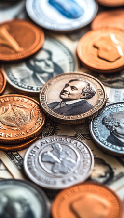 Global Currency Closeup Colorful Coins And Paper Money Background For Finance, Banking, Investmentの素材
