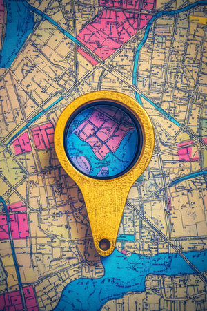 Discovering History Wooden Location Pin Marks the Spot on a Vintage, Colorful City Mapの素材