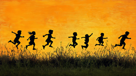 Silhouettes of Happy Children Running Through Grass Against a Vibrant Orange Sunset Skyの素材
