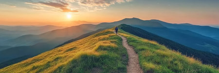 Scenic Mountain Trail Hiking at Sunrise A Stunning Journey Through Nature s Majesty.の素材