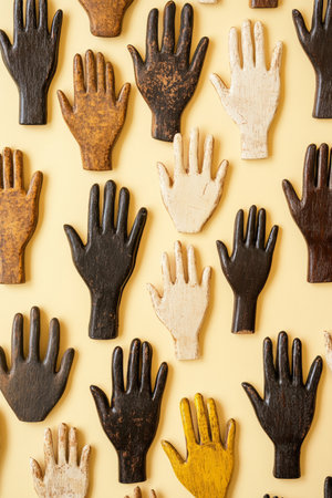 A Decorative Pattern of Multicolored Ceramic Hands Arranged on a Vibrant Yellow Colored Backgroundの素材