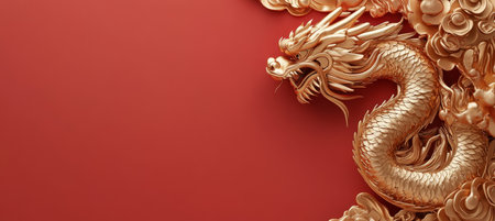 Golden Chinese dragon statue on red background, a symbol of power, strength, and good luck..の素材
