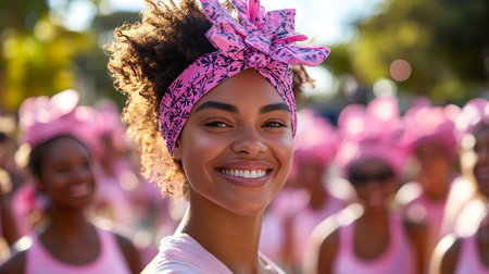 Portrait Of Beautiful Smiling Woman With Pink Headscarf Celebrating With Her Support Groupの素材