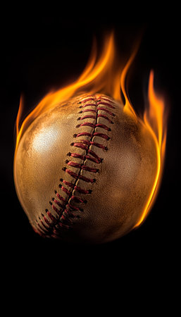Fiery Baseball A Close-Up of a Burning Baseball Engulfed in Flames on a Black Backgroundの素材