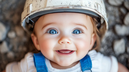 Future Engineer Adorable Baby with Hard Hat, Smiling Happy, on Construction Site Copy Spaceの素材