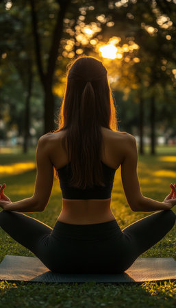 Woman Enjoying Tranquil Sunset Yoga in Peaceful Park, Ideal for Fitness and Wellness Contentの素材