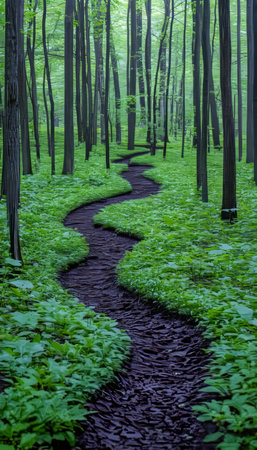 Winding Dirt Trail Through Vibrant Green Forest, Ideal for Nature Walks and Outdoor Adventuresの素材