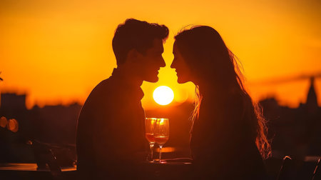 Rooftop Romance Couple In Love Sharing Romantic Sunset Dinner With City Skyline Viewの素材
