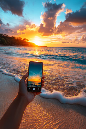 Golden Hour Memories Hand Holding Smartphone Capturing Ocean Sunset, Waves Gently Rolling on Beachの素材