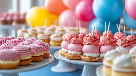 Colorful Dessert Table with Cream Puffs and Festive Balloons for a Birthday Celebrationの素材