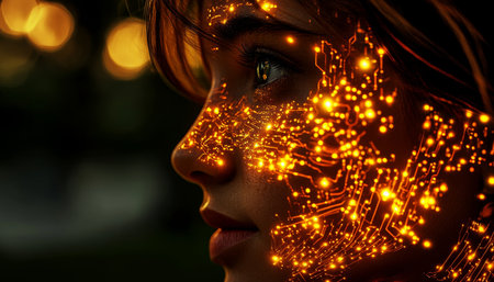 Young Woman with Glowing Circuits, Artificial Intelligence Concept in Futuristic Portraitの素材