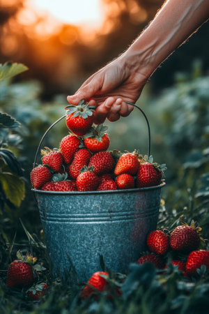 Golden Hour Strawberry Harvest Hand Plucks Ripe Berry, Bucket Overflowing With Fresh Fruitの素材
