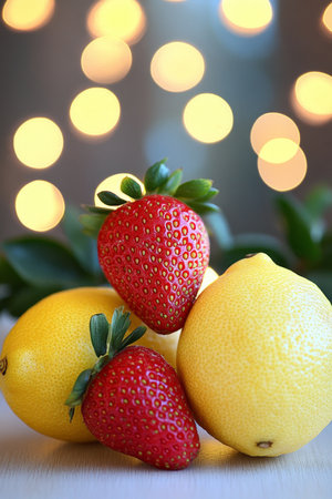 Vibrant Still Life with Juicy Strawberries and Lemons, Illuminated by Warm, Golden Lightの素材