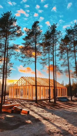 New Home Construction Picturesque View of Wooden Frame House with Stunning Sunset Background.の素材