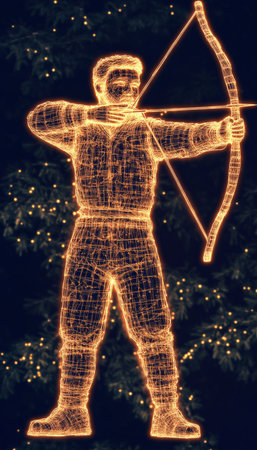 Glowing Archer Neon Illustration of Sagittarius Adventurer with Bow and Arrow on Dark Backgroundの素材
