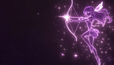 Glowing Sagittarius Archer, Neon Art, Digital Illustration. Adventure, Purple, Gold Tones.の素材
