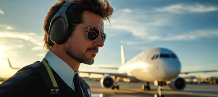 Airport Worker, Pilot, Confident Pose, Sunglasses, Airplane, Blurred Background, Outdoorの素材
