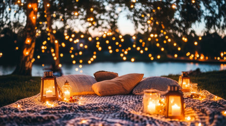 Romantic Lakeside Picnic String Lights, Cozy Cushions, and Lantern Glow for a Magical Eveningの素材
