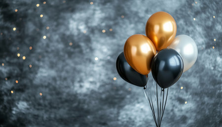 A Bunch of Gold, Black, and White Balloons on a Textured Charcoal Background with Bokehの素材