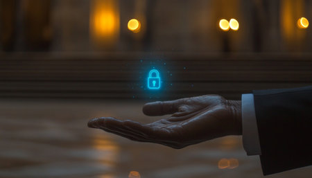 Businessmans hand presenting a digital padlock icon, symbolizing cybersecurity and data protection.の素材