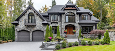 Luxury Home with Stone Exterior, Two-Car Garage, and Beautiful Landscaping In The Fallの素材