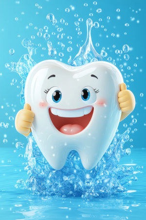 3D Realistic Happy White Tooth Character Giving Thumbs Up on Blue Water Splash Backgroundの素材