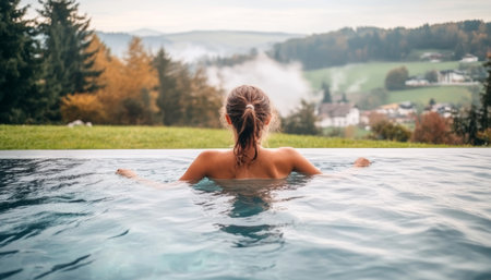 Woman Relaxes in Infinity Pool Overlooking Scenic Foggy Autumn Mountain Valley, Wellness Retreatの素材