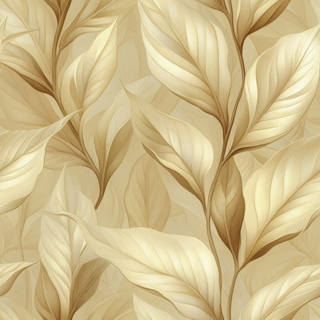 Beige Tropical Leaves Background, Abstract Seamless Pattern with Exotic Foliage Decorationの素材
