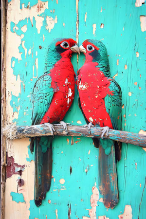 Pair of Crimson-Bellied Parakeets Touching Beaks on Wooden Perch, Avian Love and Bondingの素材