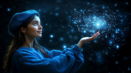 Young Woman Explores Digital Landscape, Interconnected Nodes, Glowing Circuits on Dark Blue Backdropの素材