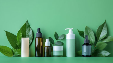 Cosmetic Containers and Green Leaves Promoting Natural and Organic Skincare on Green Backgroundの素材