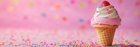 Delicious Pink Ice Cream Cone Topped with Strawberry and Sprinkles on a Festive Pink Backgroundの素材