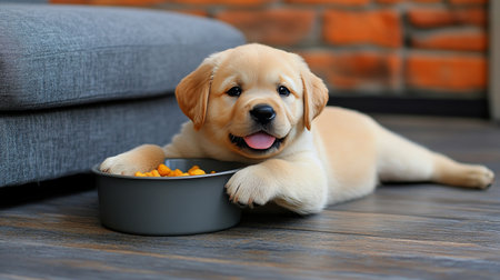 Adorable Golden Retriever Puppy Eats Food from Bowl, Pet Nutrition and Happy Puppy Conceptの素材