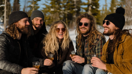 Winter Wonderland Gatherings A Joyful Group of Friends Share Laughs and Warmth in Snowy Sceneの素材