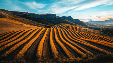 Golden Hour on the Farm Rows of Crops Capture the Last Rays of Sunlight On Rolling Hillsの素材
