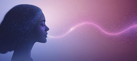 Serene Woman Whispering Dreams, Evoking Concepts of Art, Music, Memory, and Neuroscienceの素材