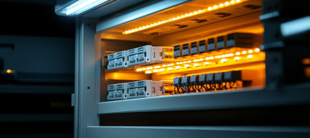 Modern Electrical Panel Illuminated Circuit Breakers and Wiring in Home Power Distribution Systemの素材