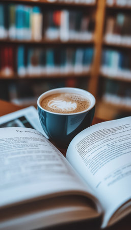 Steaming Cup of Coffee and Open Book in a Cozy Library Setting, Perfect for Book Loversの素材