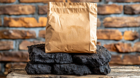 Paper Bag on Stack of Natural Charcoal, Concept for Sustainable Biofuel and Soil Amendmentの素材