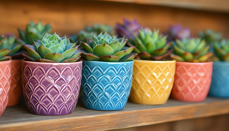 Colorful Succulents in Geometric Planters, Home Decor, Indoor Gardening, Natural Light.の素材