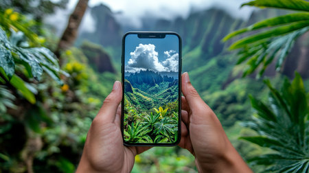 Explorer Documents Breathtaking Green Mountain Peaks with Mobile Phone During Lush Nature Hikeの素材