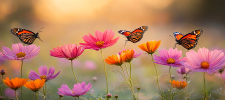 Monarch Butterflies Dance Among Cosmos, A Summer Garden Symphony Of Color And Delicate Beautyの素材