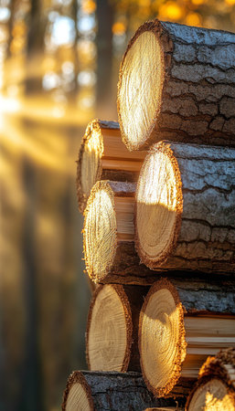 Warm Sunset Glow on Stacked Timber, Forestry and Logging Industry, Sustainable Resourcesの素材