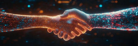 Digital Collaboration A Handshake Of Cryptocurrency Wealth, Tech Investment, And Financial Success.の素材